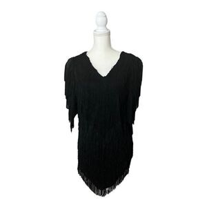 Vintage Nightworks Fringe Tunic Dress Black Flapper Eveningwear Designer Womens